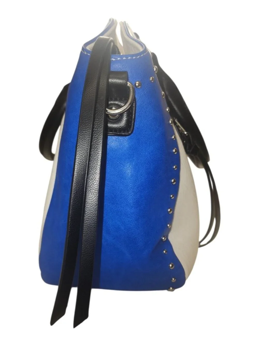 Studded Satchel Bag Color Block Cobalt Blue White Moto Rocker Chic Top Handle - Picture 6 of 16